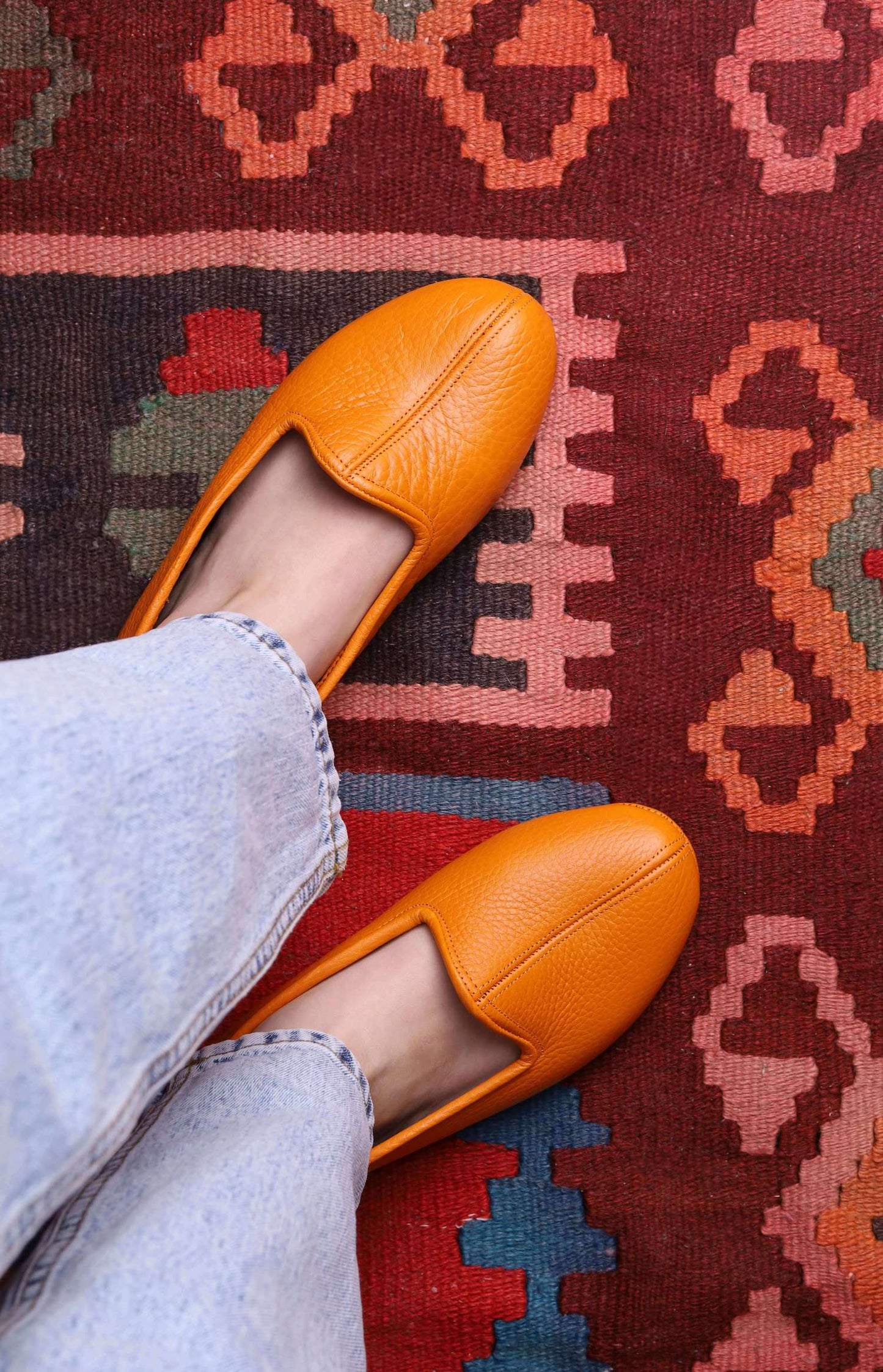 Turuncu Hakiki Deri El Yapımı Patik